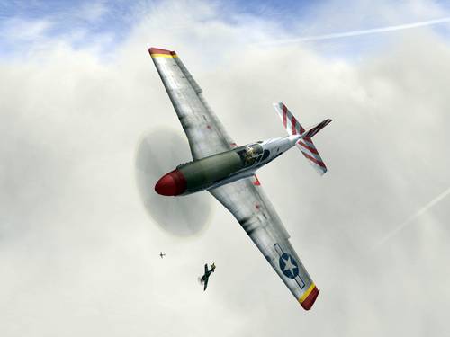 An artist's depiction of 2/Lt. Jones battling at least one FW-190 enemy fighter.  The markings are similar to the actual plane's markings. (Asisbiz, 2014)