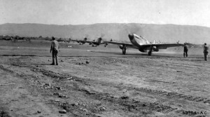 P-51 Mustangs from the 31st Fighter Group taxi at San Severo, Italy in May 1944.  This scene is probably similar to what 2/Lt. Jones experienced the morning of August 28, 1944.  (Fold3, 2007a)
